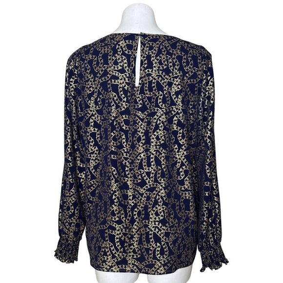MICHAEL Michael Kors Chain Pattern Blouse, Navy Gold Slit Sleeves Women's Size L - Picture 5 of 10